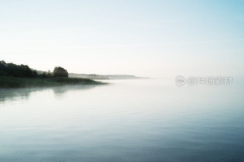 夏末湖面上的晨雾Müritz，德国，梅克伦堡- vorpommern